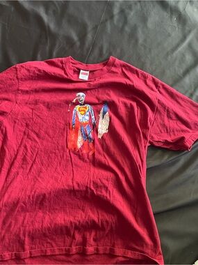 Supreme Red Graphic Tee with Multicolor Print